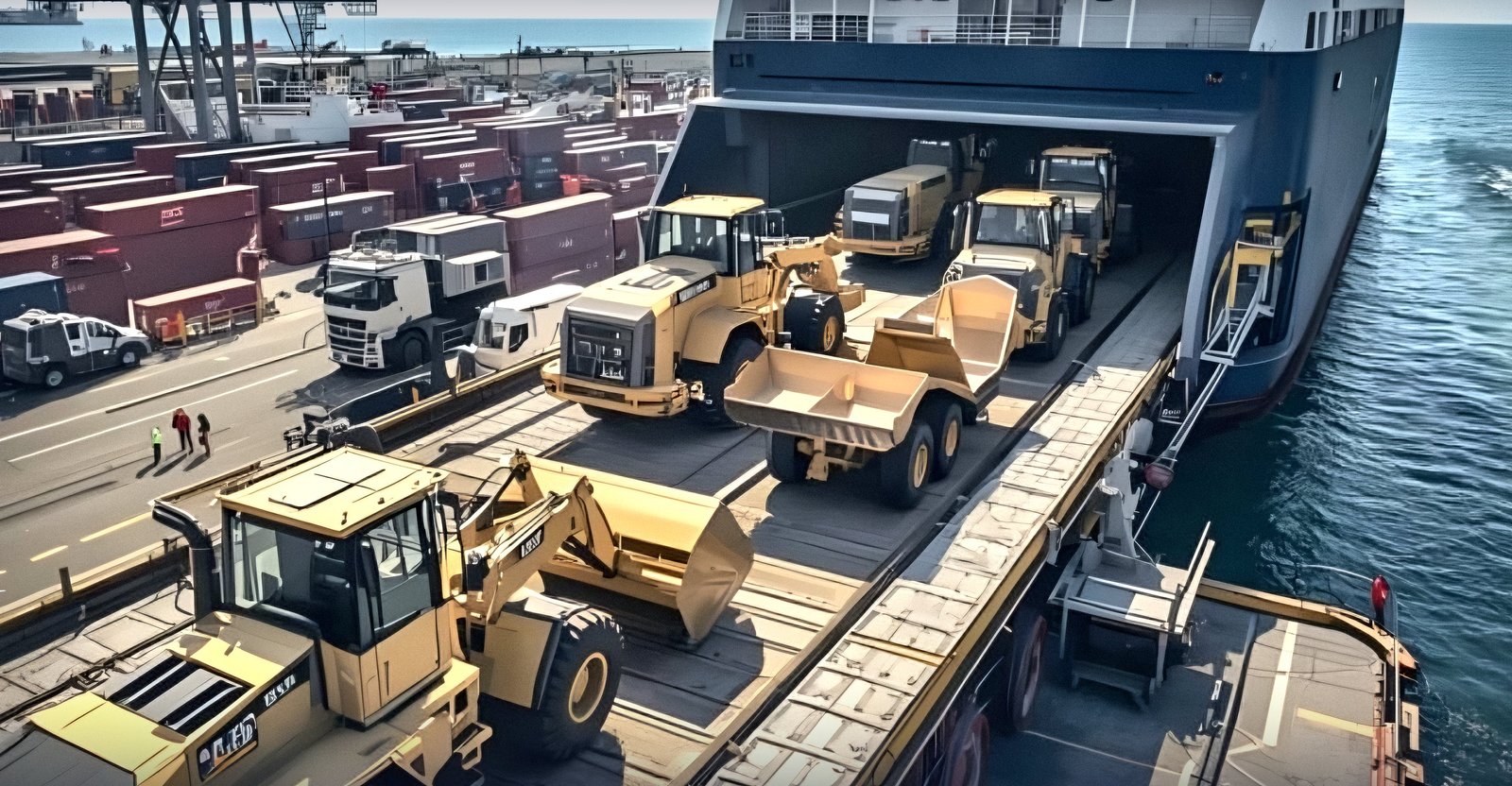 Heavy machinery boarding a RoRo vessel at a European port, open sea beyond